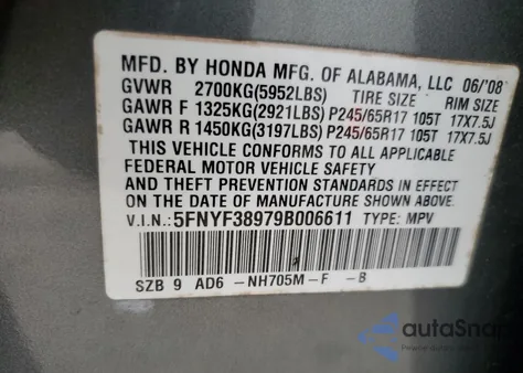 2009 Honda Pilot Touring из США, поврежденный, VIN 5FNYF38979B006611